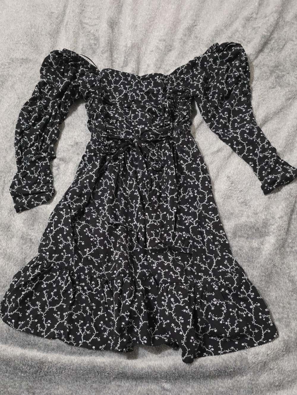 Miss Selfridge Black Floral Off-Shoulder Midi Dress with Waist Tie
